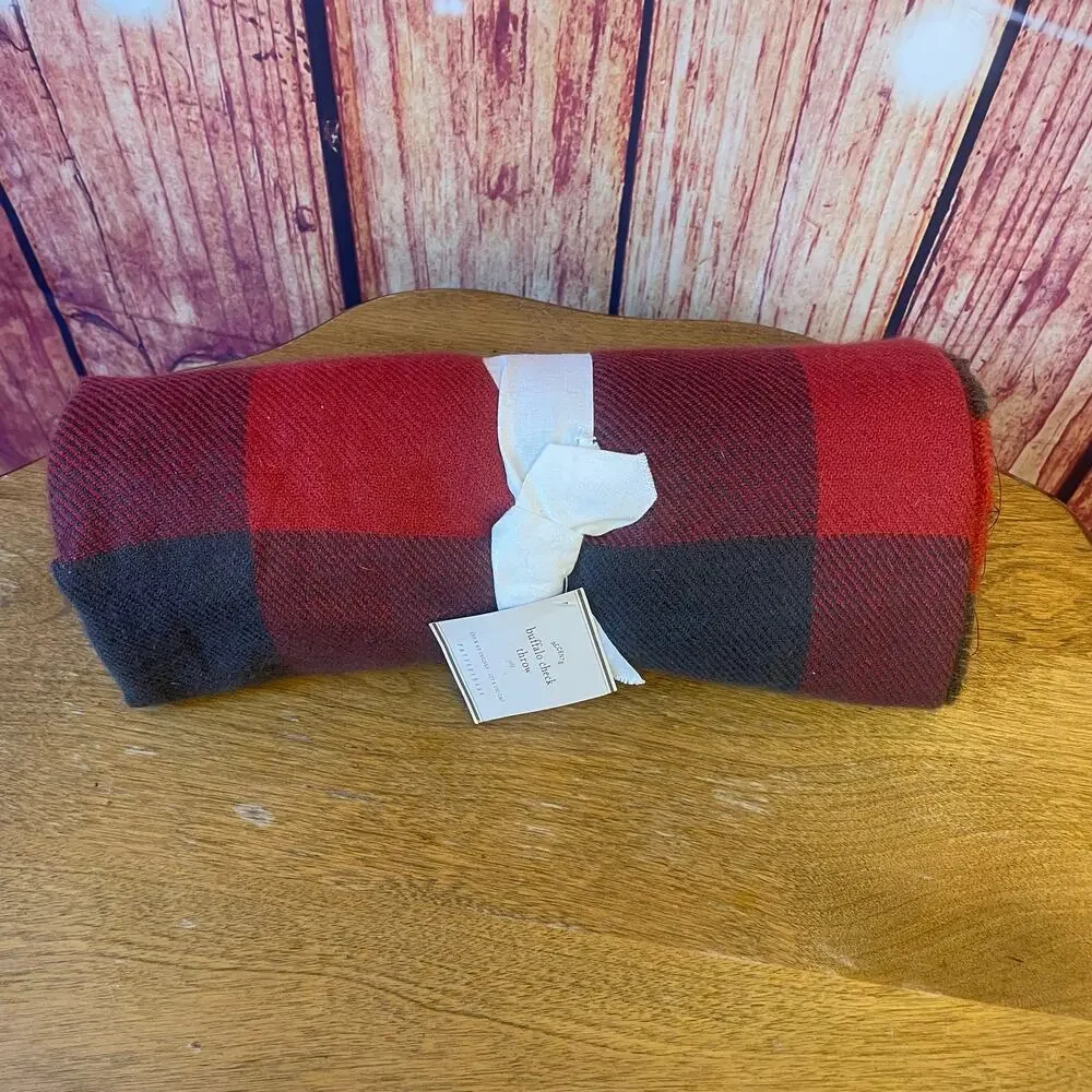 NWT Pottery Barn Buffalo Check Plaid Throw 50x60 Red/Charcoal Home Blanket